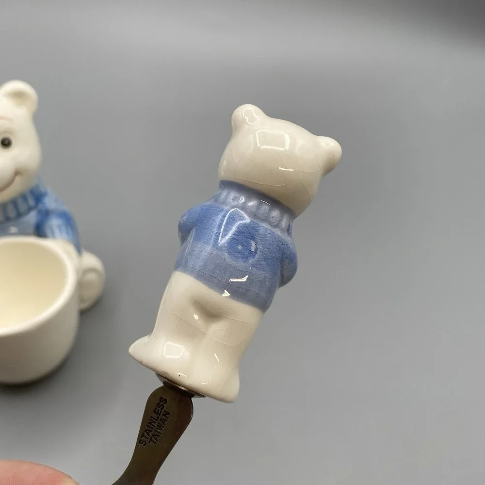 Vintage Ceramic Egg Cup Spoon Figural Teddy Bear‎ Childrens Taiwan